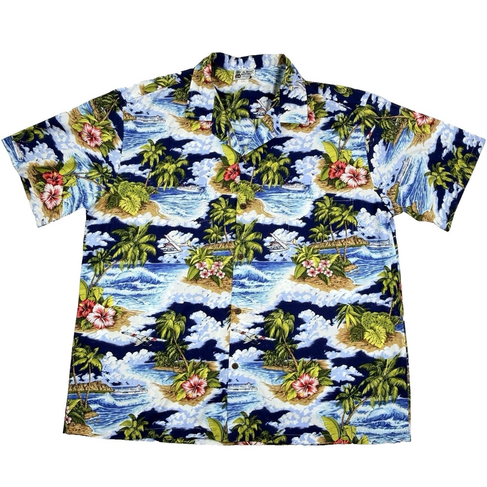 VTG Mens Aloha Republic Hawaiian Shirt Palm Trees Floral Size 2XL Airplanes USA